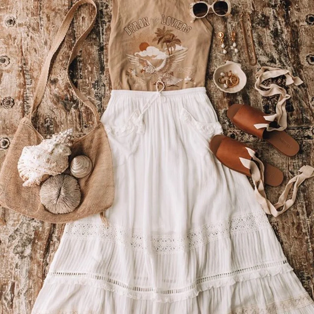 Gypsy Bohemian White Crochet Lace Maxi Skirt - Picture 10 of 11